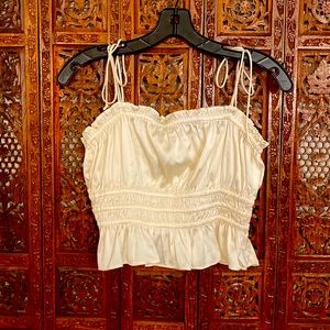 Satin Smocked Waist Tie Shoulder Crop Top